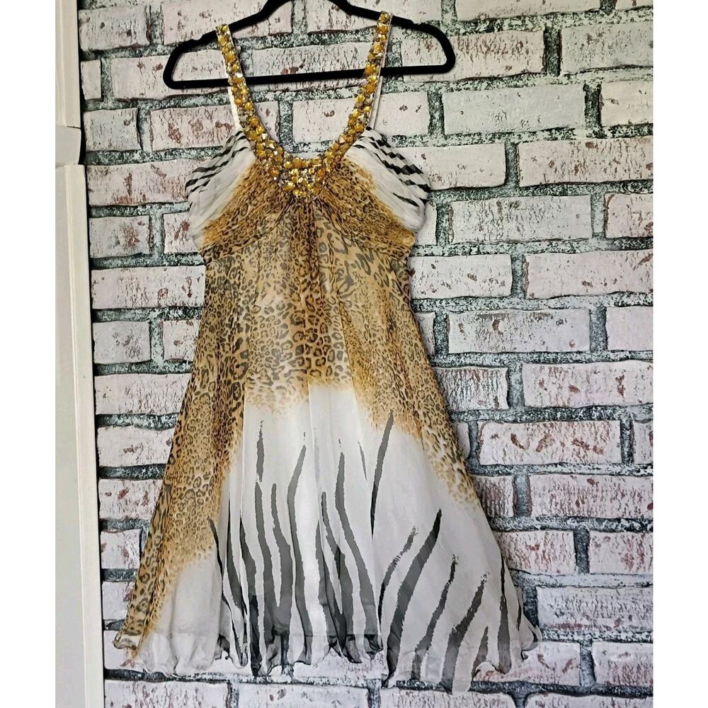 VTG Night Moves Mini Dress Womens Size 6 Chiffon V-Neck Animal Print Sequin Y2K